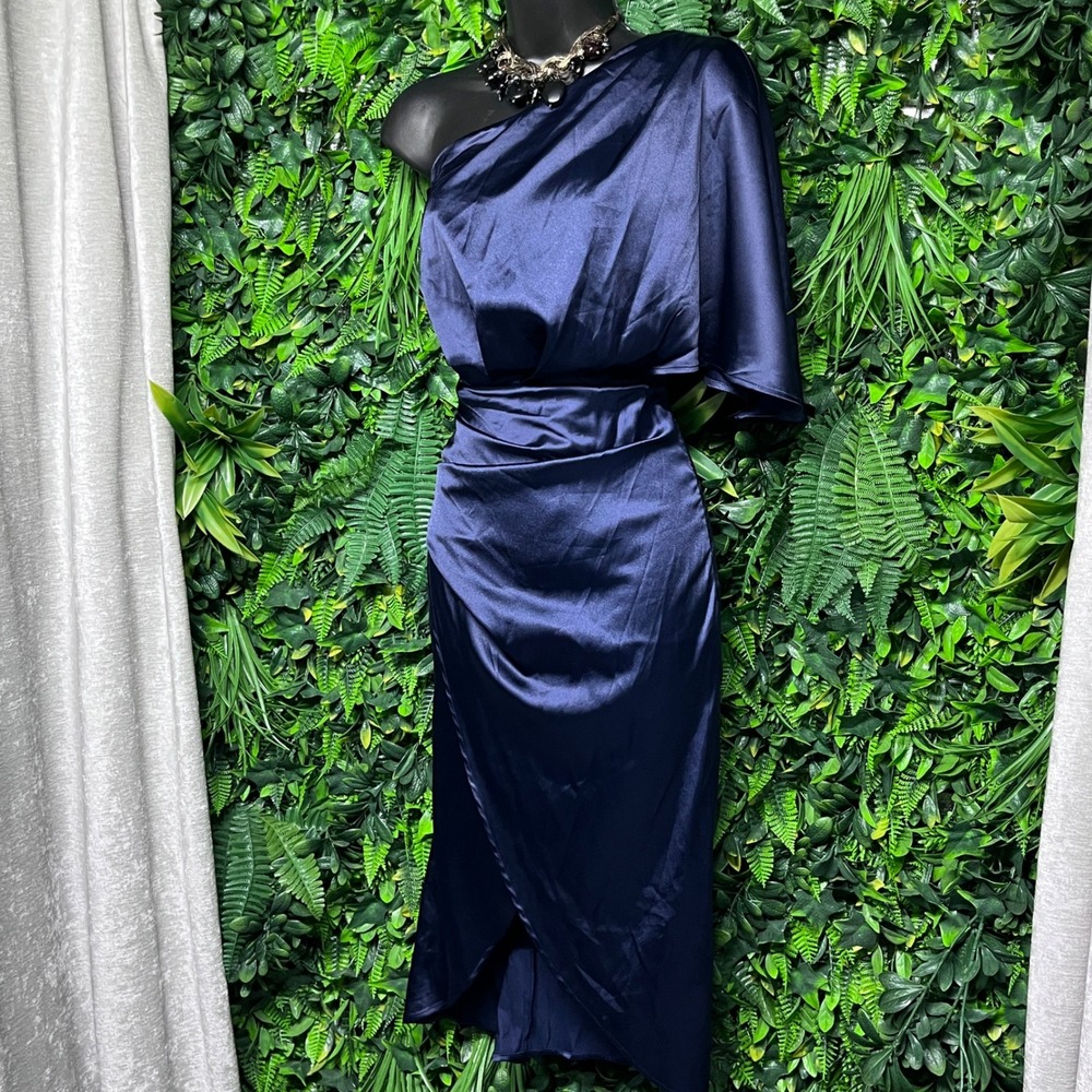 CUPSHE Dress Medium Navy Blue One Shoulder Ruched Midi Cocktail Party 3302‎ - Picture 8 of 11
